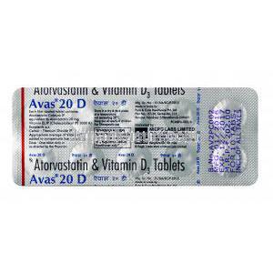 アヴァス D, アトルバスタチン20mg  /ビタミンD3　1000IU,錠剤, シート情報